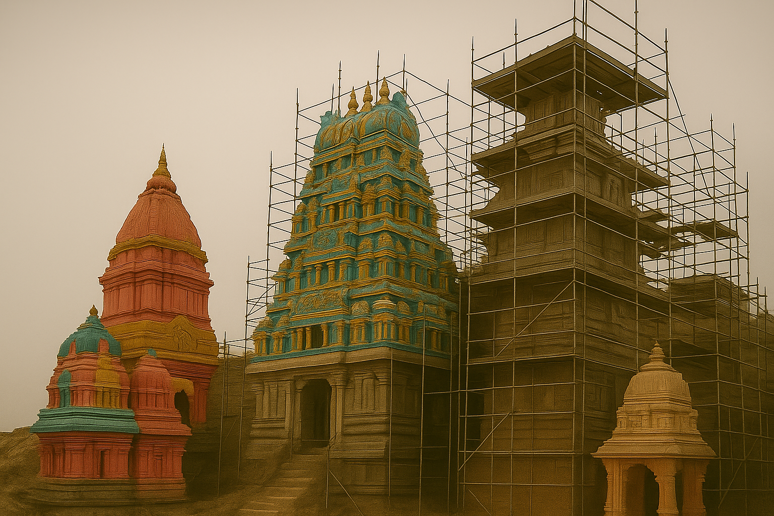 Indian temples under renovation with scaffolding